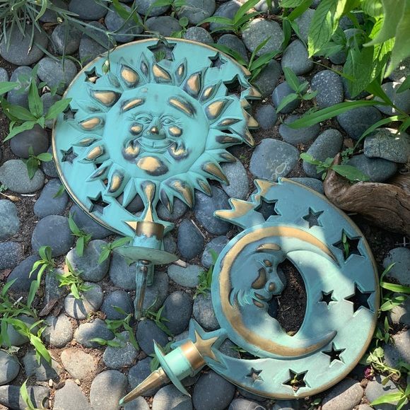 Vintage Metal sun & moon candleholders celestial
